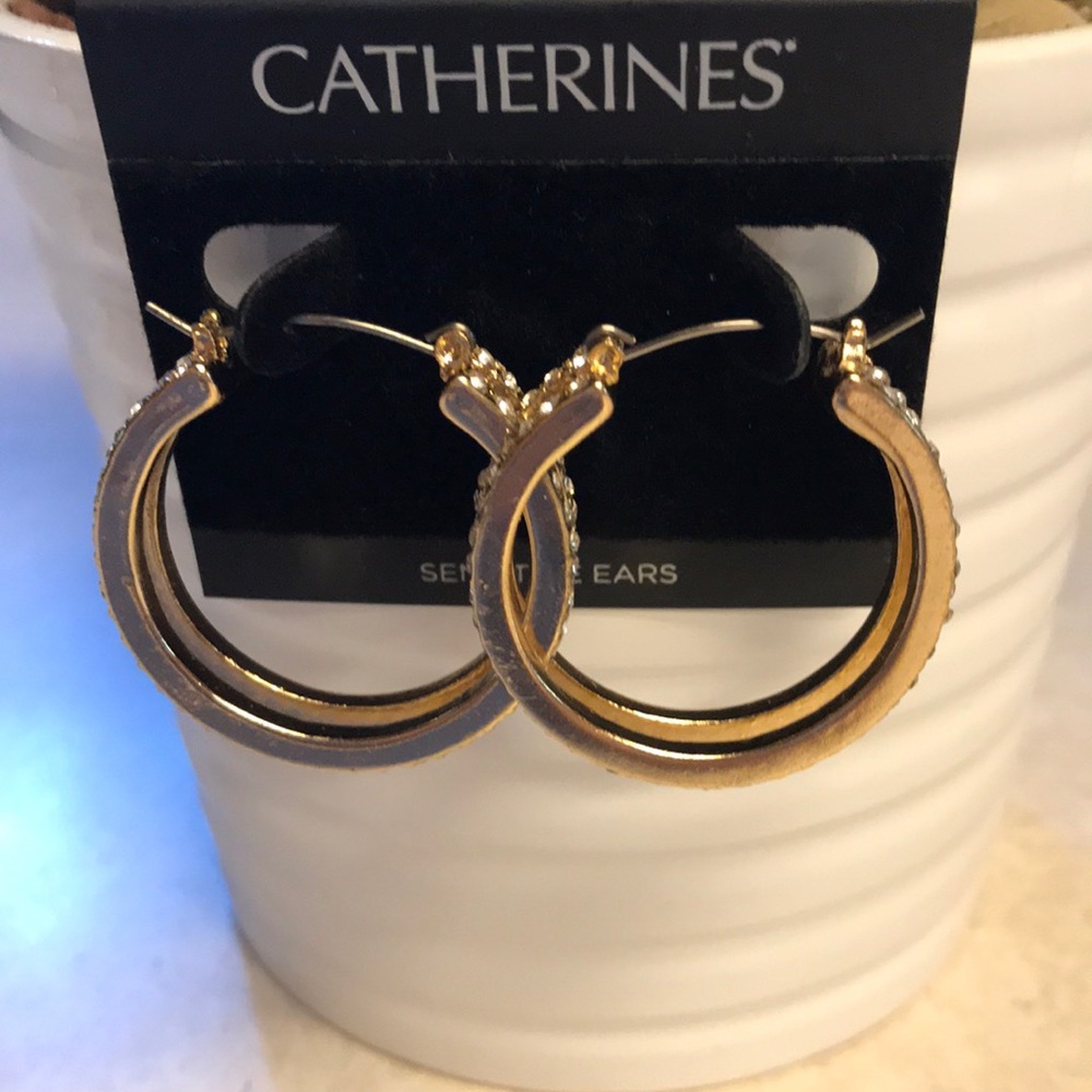Catherines Gold Tone Pierced Hoop Fashion Earrings Faux Sparkle Sensitive Ears